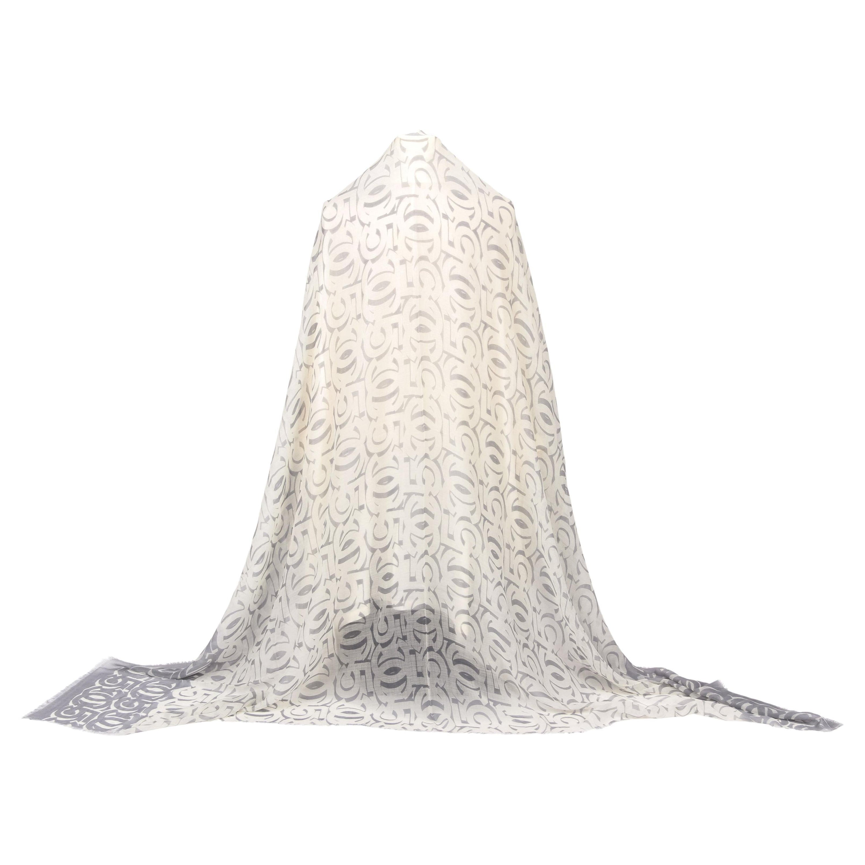 New Chanel White Grey Logo CC Cashmere SIlk Shawl Scarf For Sale