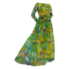 1960s Flower Power Abstract Floral Chiffon Maxi Dress w Jeweled Waistband