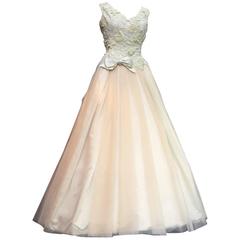 Jean Patou Haute Couture Beige Guipure and Tulle Evening Dress, 1950s