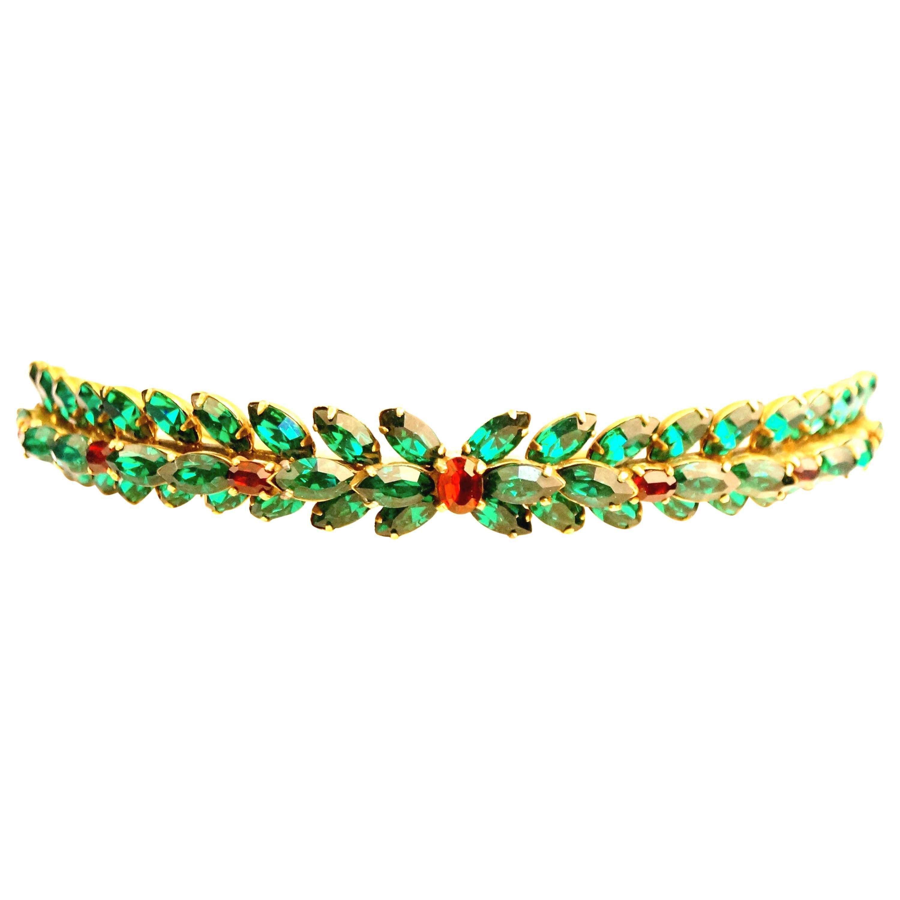 1950s Couture Christian Dior by Kramer Red & Green Diamante Choker Necklace For Sale