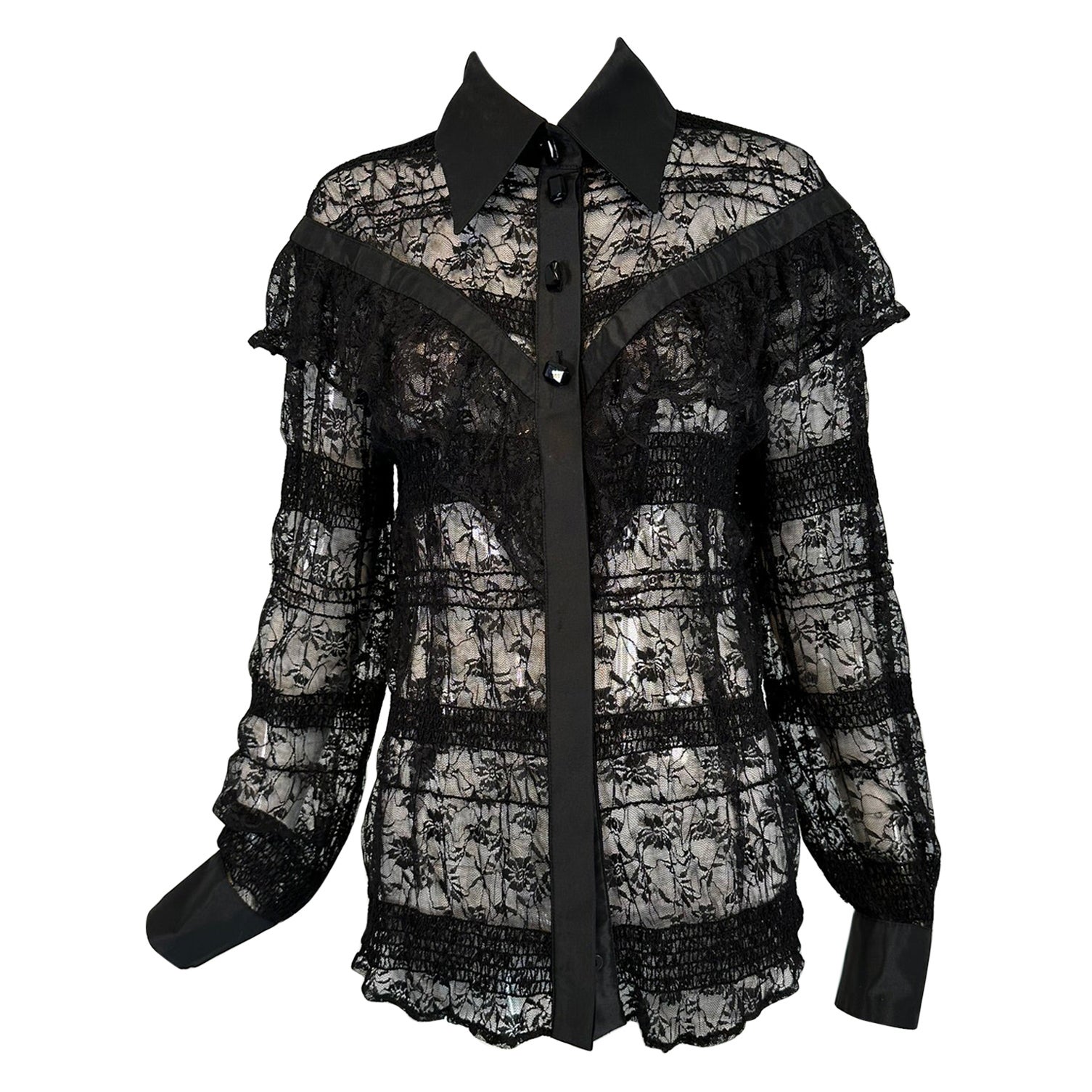 Jiki Monte Carlo Creations Sheer Black Lace with Sequins Ruffle Yoke Blouse EU46 For Sale