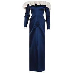 1979 Givenchy Haute-Couture Navy & Ivory Satin Off-Shoulder Ruffle Evening Gown 12
