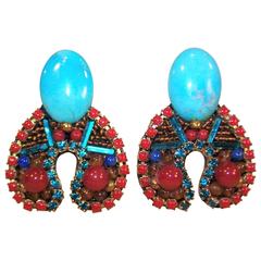 Vintage 1980's M & J Hansen Rhinestone & Glass Turquoise Beaded Clip On Earrings