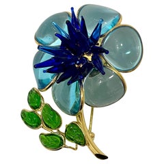 Exceptional Pate de Verre Flower in Aqua with Blue Pistil, Brooch