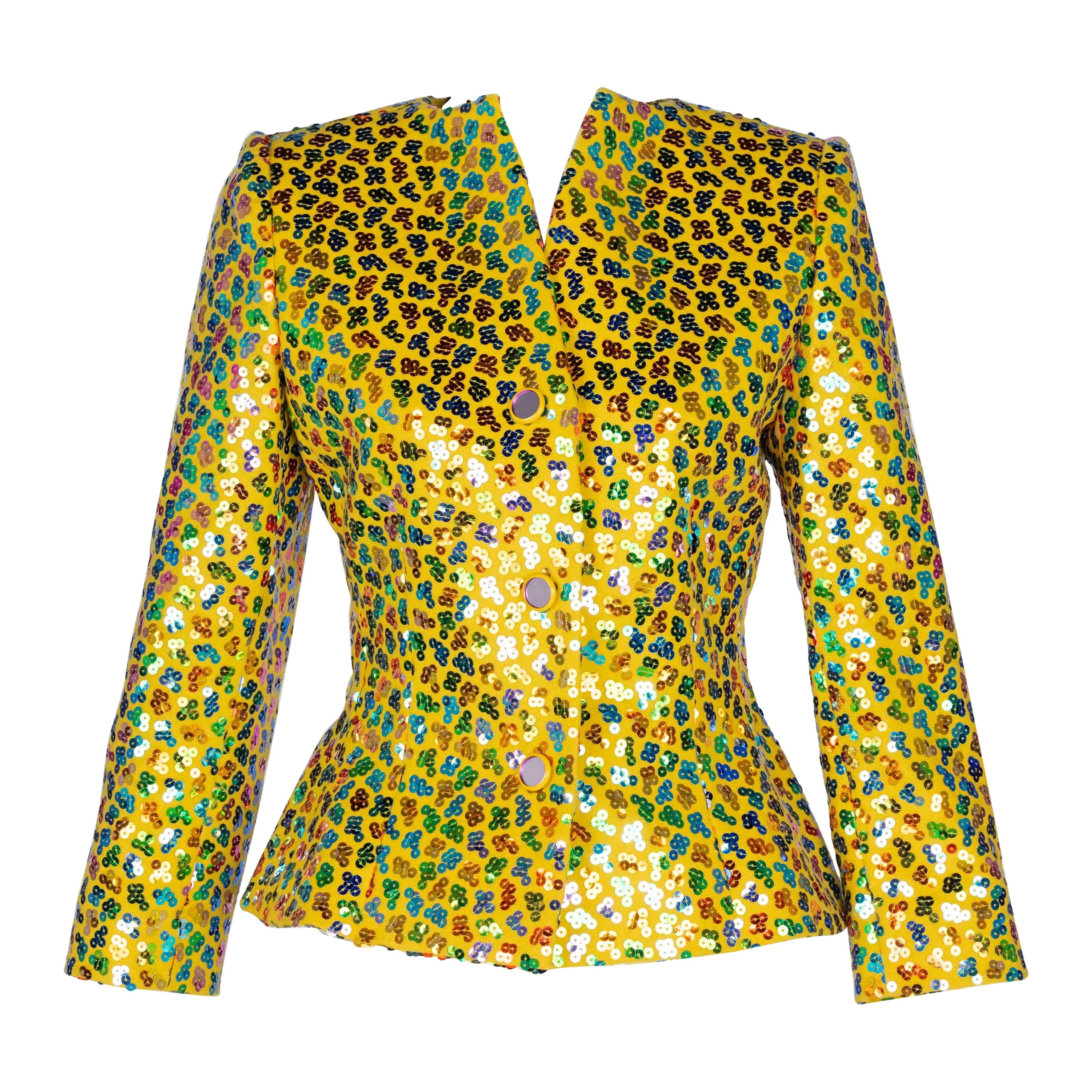 Vintage anni '80: Givenchy, giacca in lana gialla con paillettes multicolore