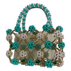 1960s Mod Mantessa Italian Turquoise Beaded Gold Ring & Clear Lucite Mini-Tote