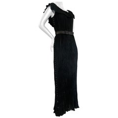 Antique Early 1920s Fortuny Delphos Gown in Black Silk Glass Beads & Belt AS FOUND