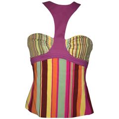 Vintage Gianni Versace Couture 1990s Multicolor Striped Silk Halter Tank Top 