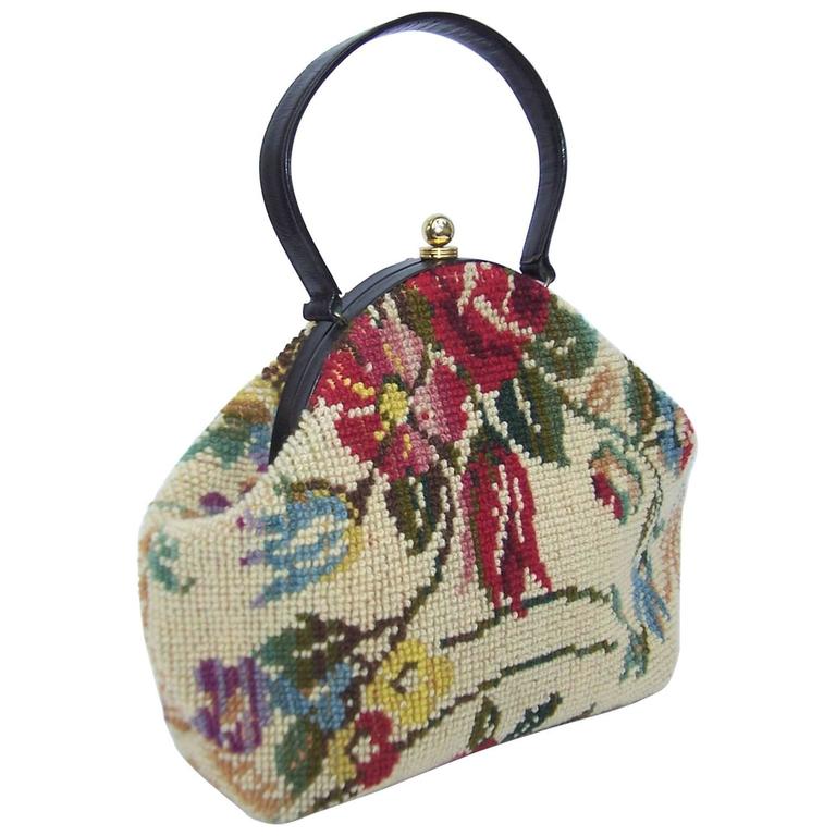 Rose Covered C.1960 Jana Carpetbag Handbag With Black Leather Handle