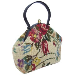 Rose Covered C.1960 Jana Carpetbag Handbag With Black Leather Handle 