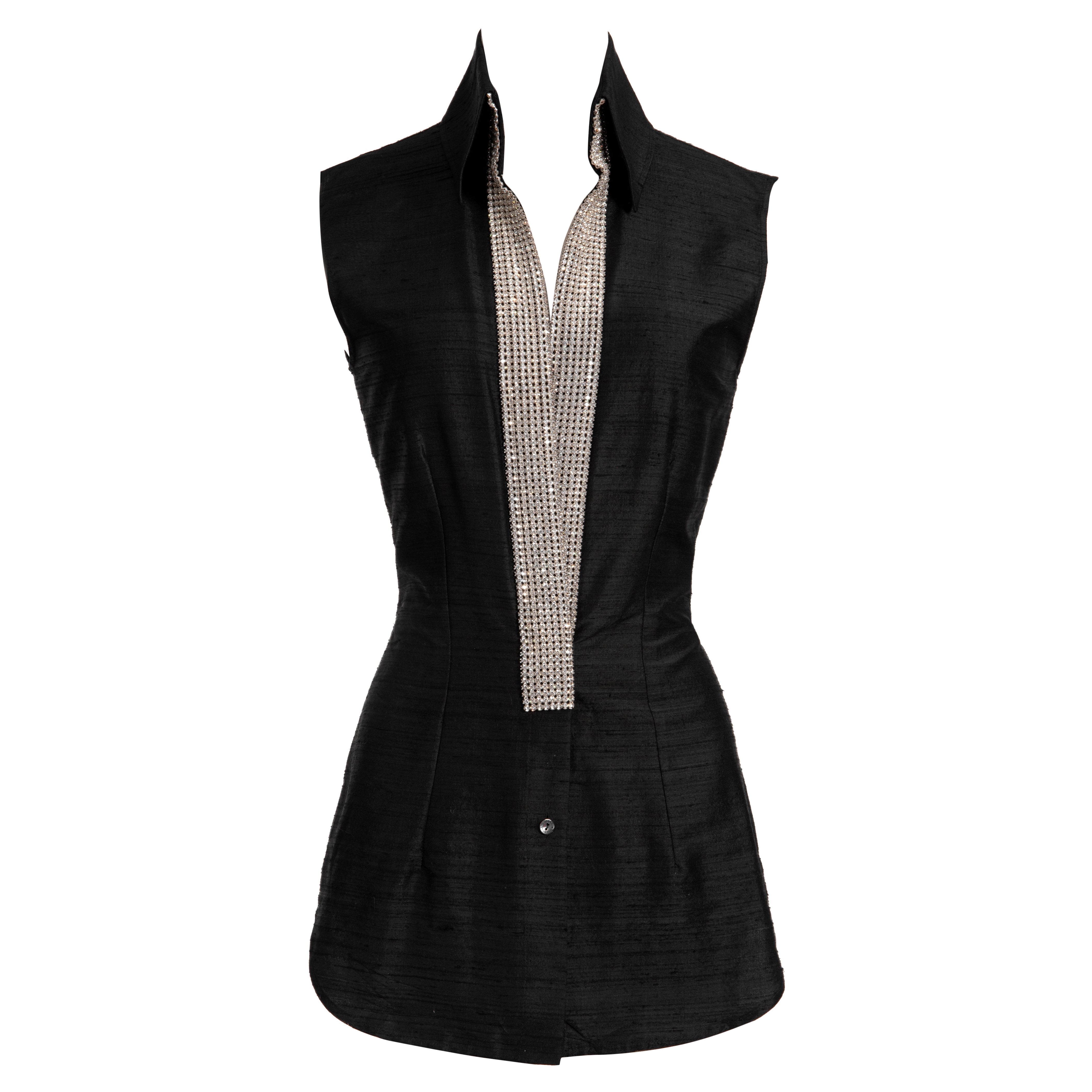 S/S 2000 DOLCE & GABBANA Black Sleeveless Rhinestone Embellished Raw Silk Top For Sale