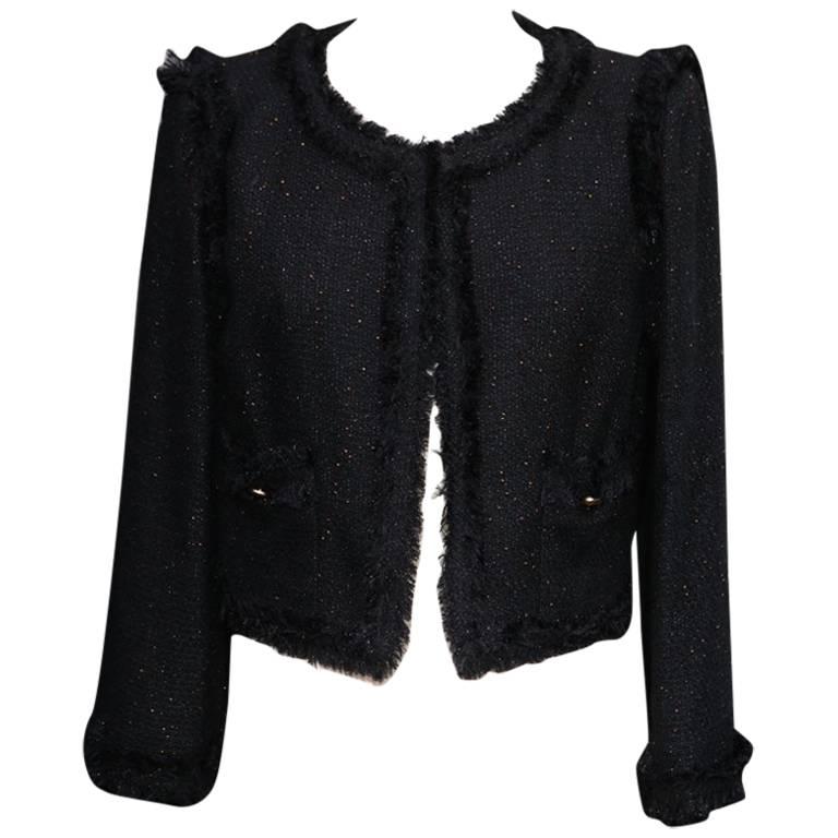 2000s Chanel Little Black Cotton Tweed Jacket