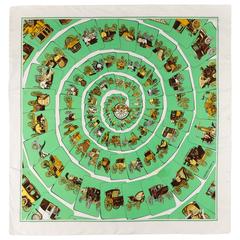 HERMES c.1976 Philippe Ledoux "Carrosserie" Green Carriage Print Silk Scarf 4