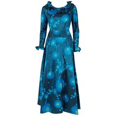 1966 Arnold Scaasi Couture Watercolor Blue Floral Silk Long-Sleeve Ruffle Gown 7