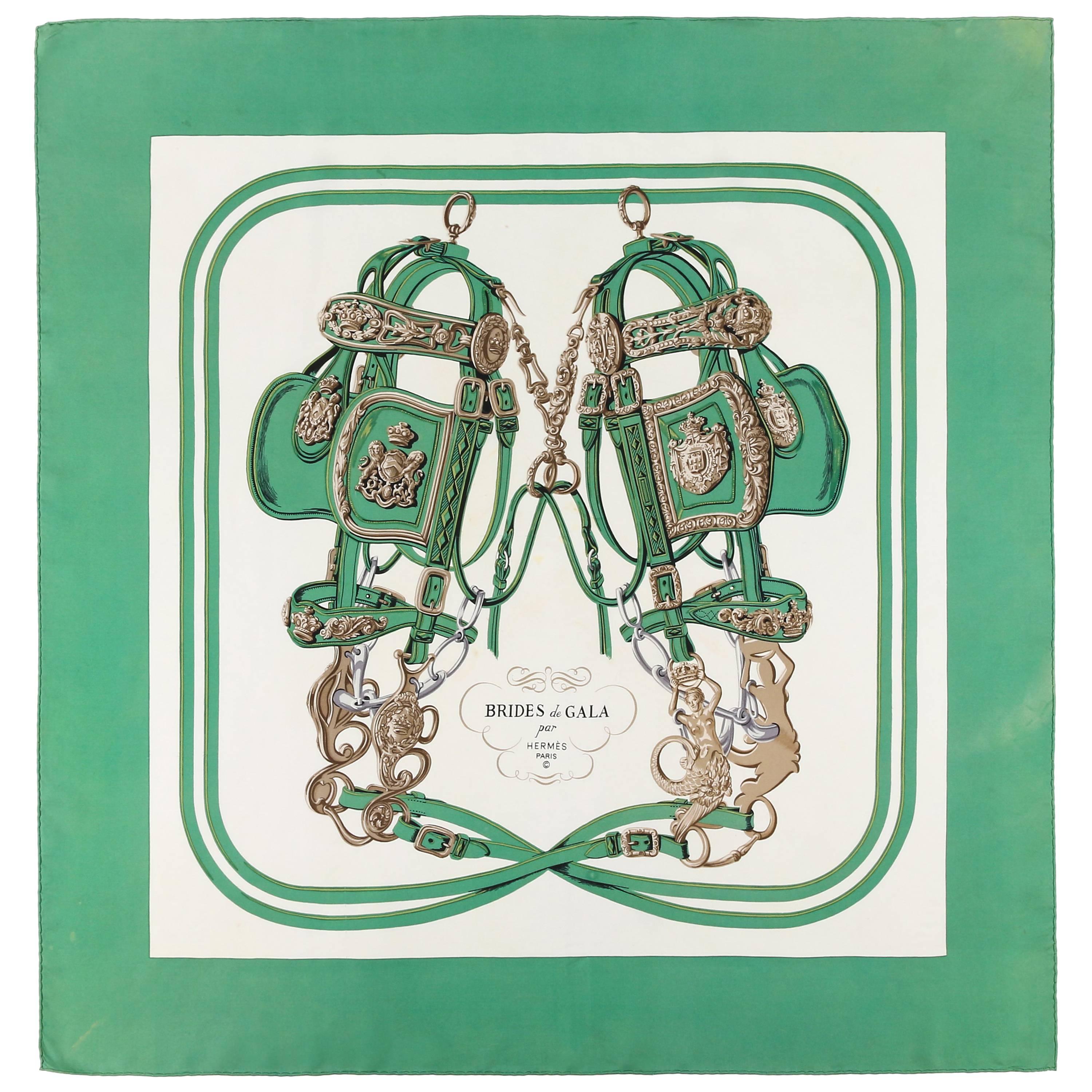 HERMES c.1957 Hugo Grygkar "Brides De Gala" Green Ivory Equestrian Print Scarf