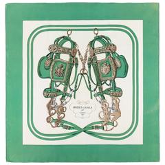 HERMES c.1957 Hugo Grygkar "Brides De Gala" Green Ivory Equestrian Print Scarf 5
