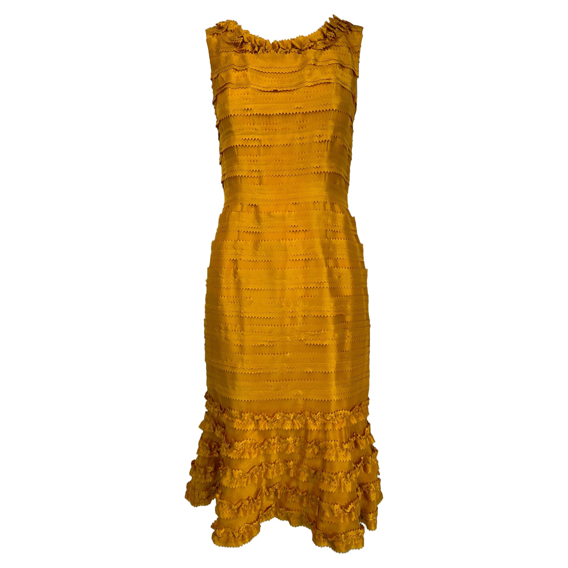 Oscar de la Renta Pre Fall 2011 Marigold Silk Pinked Edge Ruffle Neck Dress For Sale
