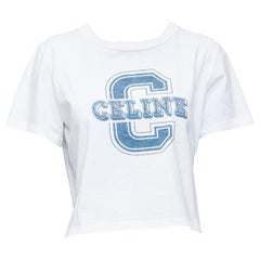 CELINE white cotton blue big C logo varsity cropped tshirt S