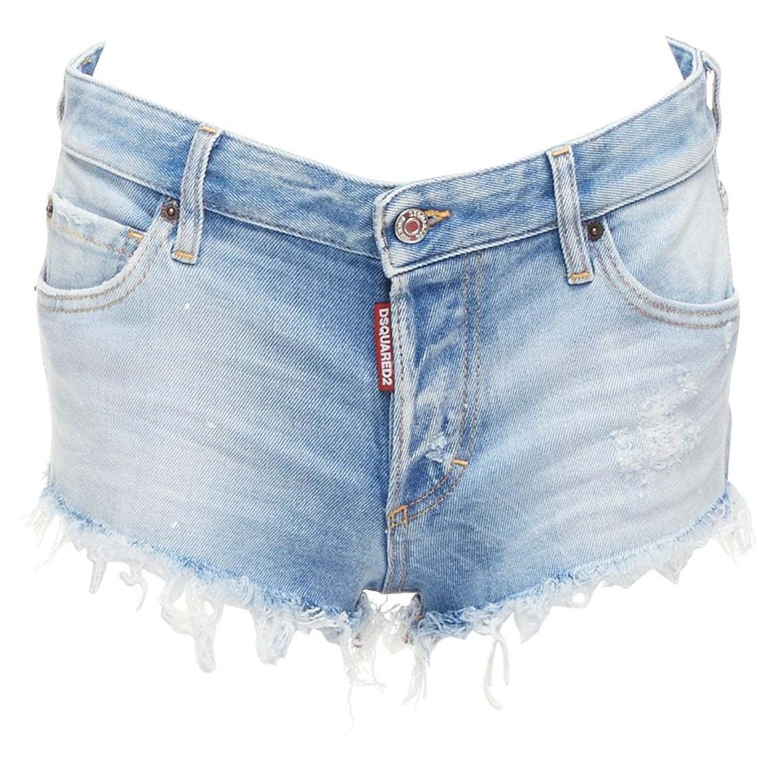 DSQUARED blue washed distressed logo patch frayed cut off booty shorts IT38 XS