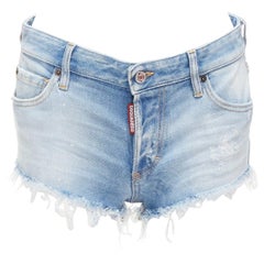 DSQUARED blue washed distressed logo patch frayed cut off booty shorts IT38 XS