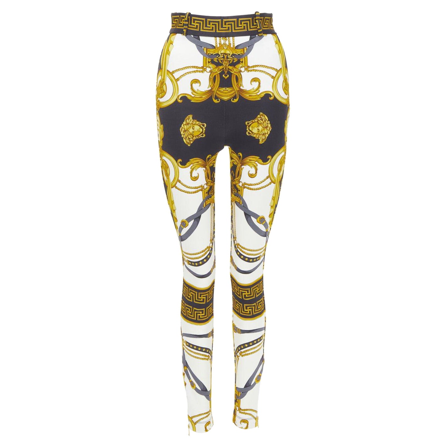VERSACE Pantaloni legging elasticizzati Runway Barocco oro nero IT44 L in vendita