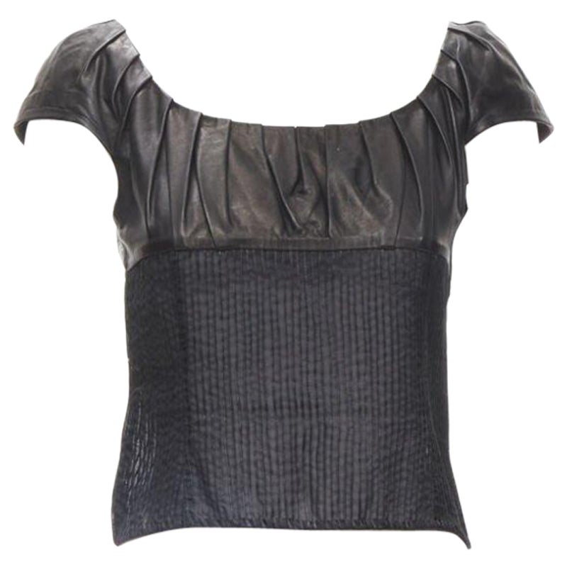 GUCCI TOM FORD Vintage Schwarzes Oberteil aus Leder mit durchsichtiger Taille und Falten S im Angebot