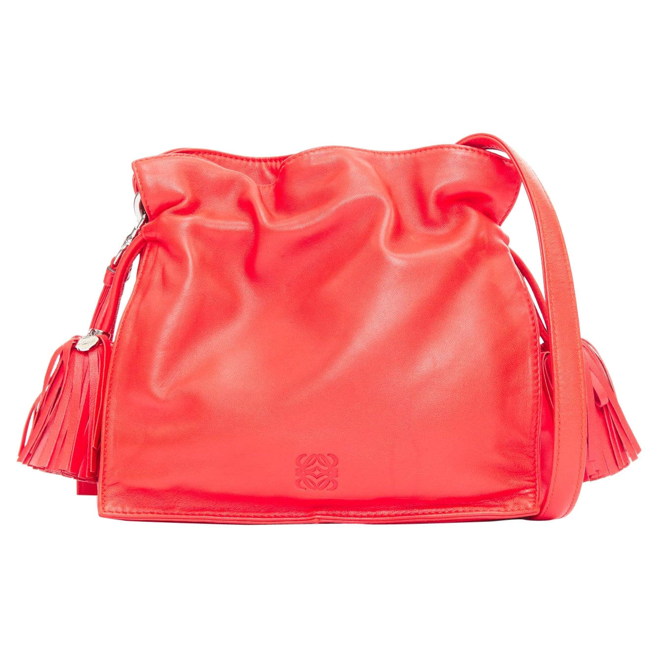 LOEWE Vintage Flamenc Tassel red soft leather anagram crossbody bucket bag For Sale