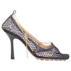 BOTTEGA VENETA Stretch black leather mesh net gold chain spool heels EU37