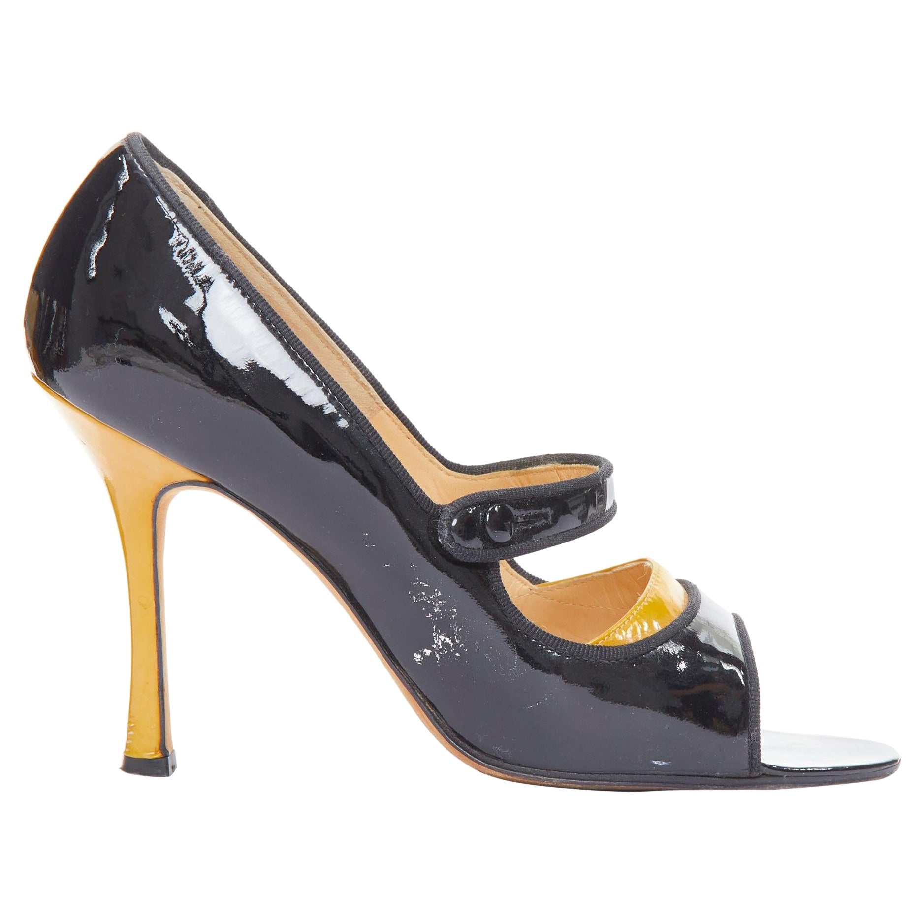 MANOLO BLAHNIK black patent leather nude panel peep heels EU37.5 For Sale