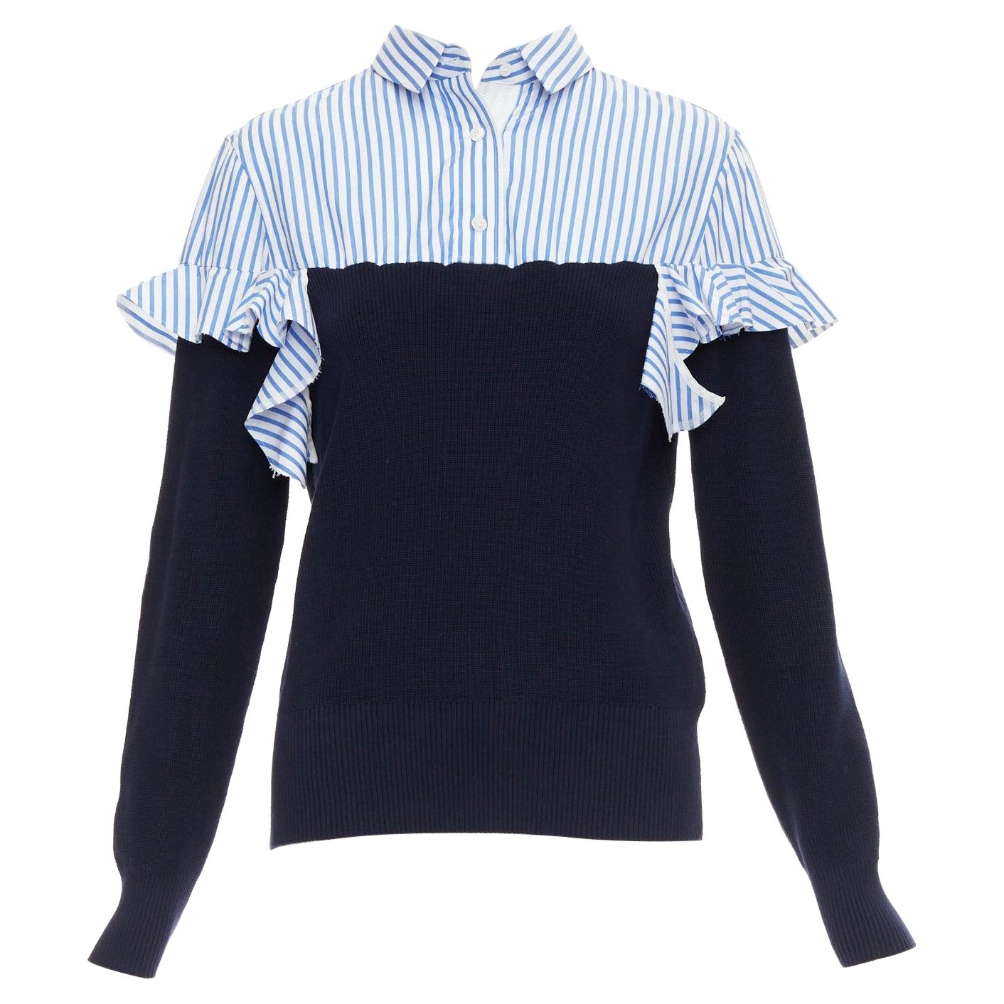 SACAI blue navy cotton contrast cowhide elbow patch hybrid sweater JP1 S For Sale