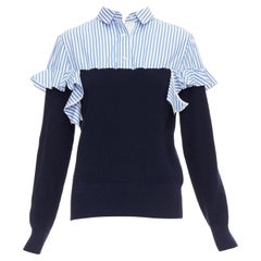 SACAI blue navy cotton contrast cowhide elbow patch hybrid sweater JP1 S