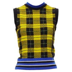 VERSACE 2018 punk tartan blue web trim wool blend sweater vest IT38 XS