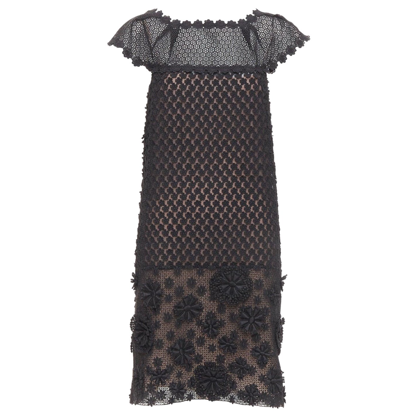 PRADA 2011 black cotton floral applique lace silk lined dress IT38 XS For Sale