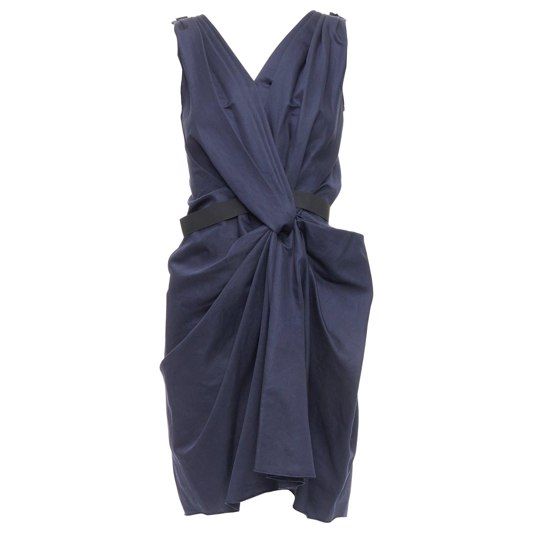 LANVIN 2010 navy ramie cotton drape black belted mini dress FR36 S For Sale