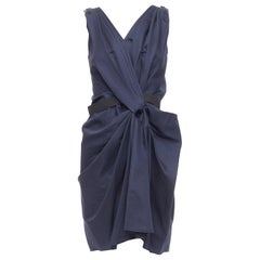 LANVIN 2010 - Mini robe drapée noire à ceinture en coton ramie bleu marine FR36 S