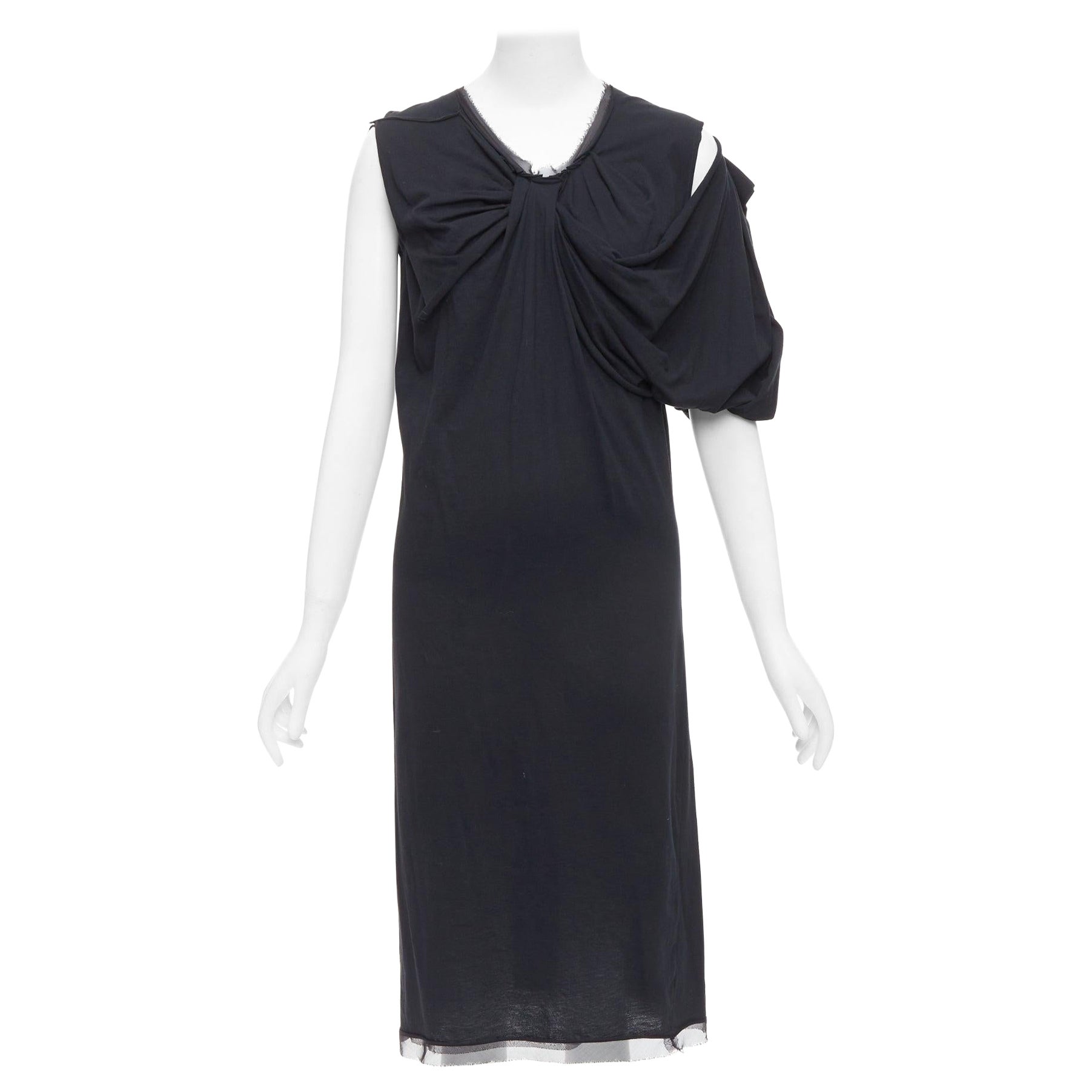 LANVIN Schwarzes asymmetrisches drapiertes Midikleid aus Baumwolle und Seide mit Seidenbesatz XXS