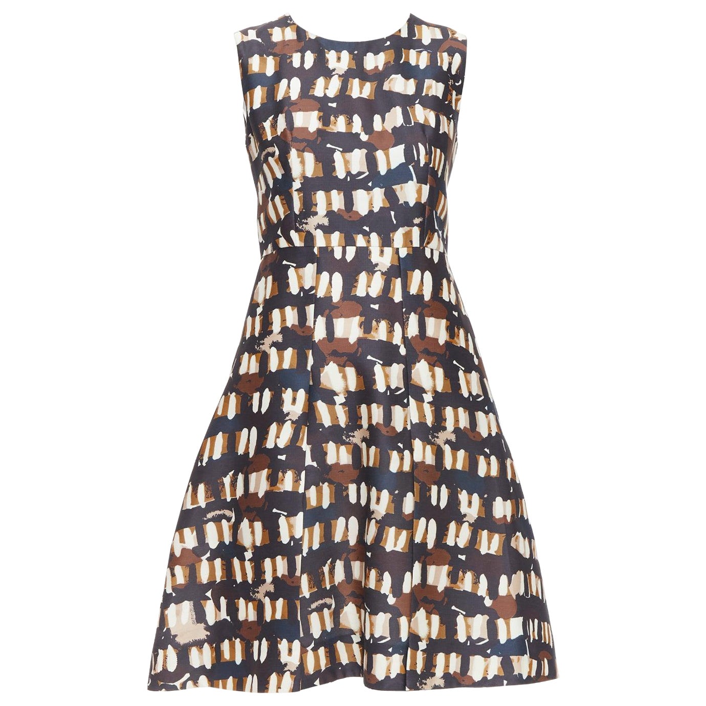MARNI brown black wool silk abstract print fit flare dress IT38 XS For Sale