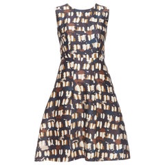 MARNI brown black wool silk abstract print fit flare dress IT38 XS