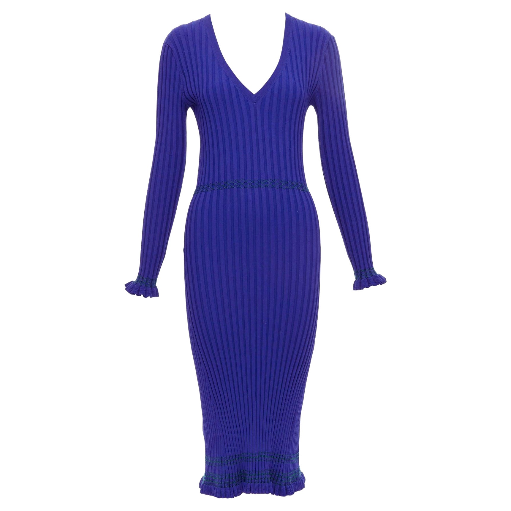 ALTUZARRA cobalt blue green topstitch ribbed bodycon V neck dress L For Sale