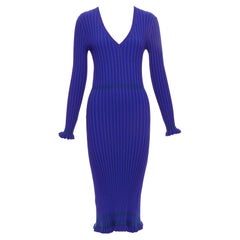 ALTUZARRA cobalt blue green topstitch ribbed bodycon V neck dress L