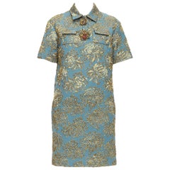 ROCHAS azul oro jacquard con cuentas insectos botón vestido FR40 L