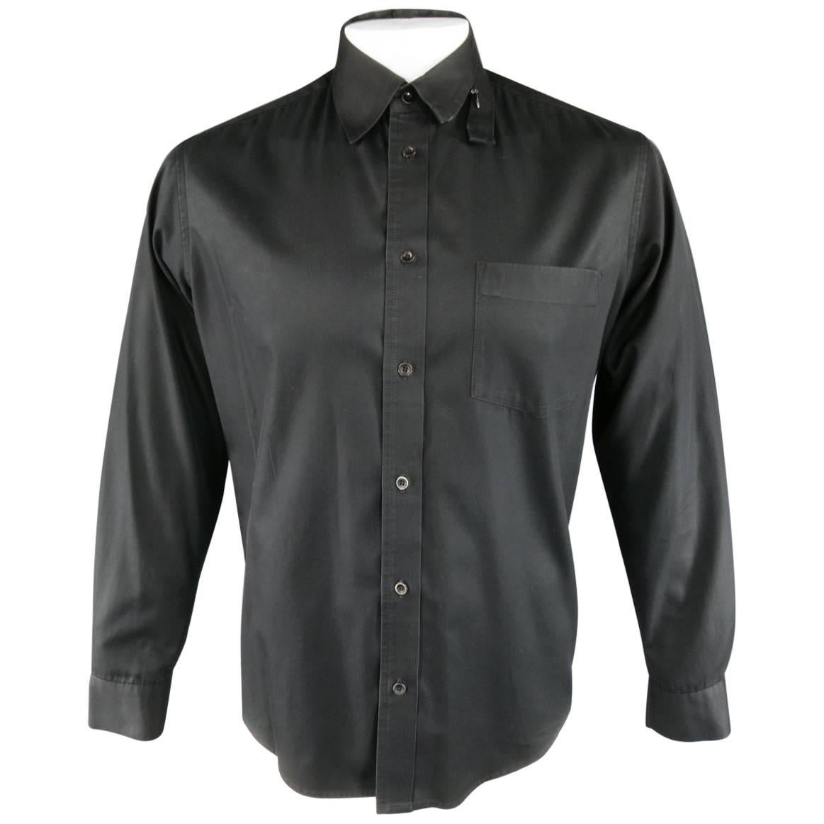Vintage YOHJI YAMAMOTO Size L Black Cotton Long Sleeve Zip Collar Shirt