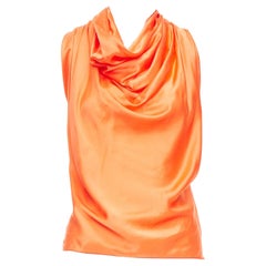 LANVIN 2010 arancio mandarino 100% seta, top con scollo a cappuccio e drappeggi FR36 S