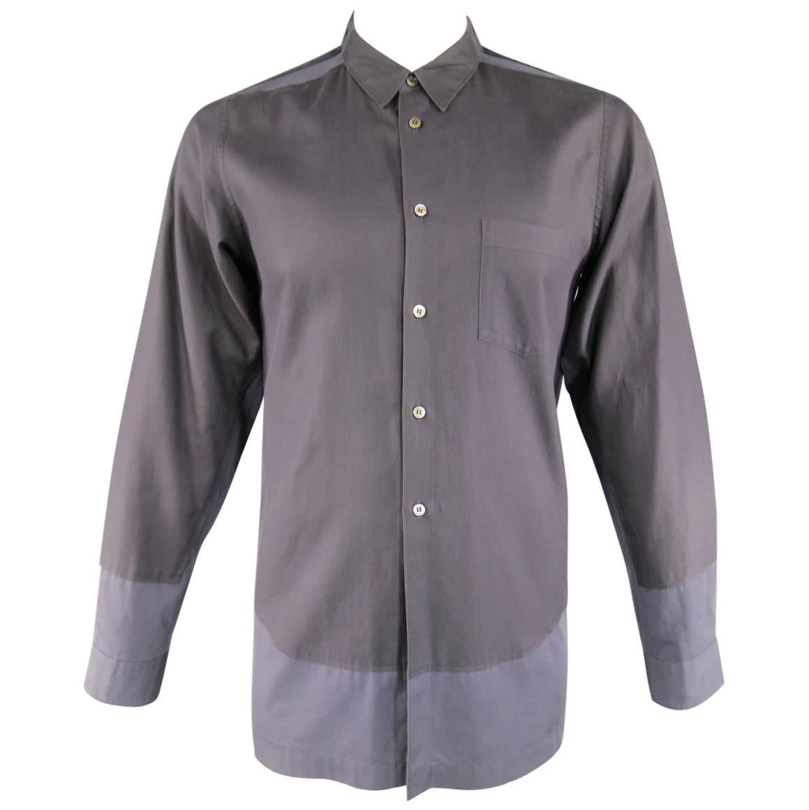 Men's COMME des GARCONS Size L Two Tone Charcoal Color Block Panel Cotton Shirt