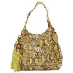 GUCCI Jackie green scaled leather bamboo tassel horsebit shoulder bag