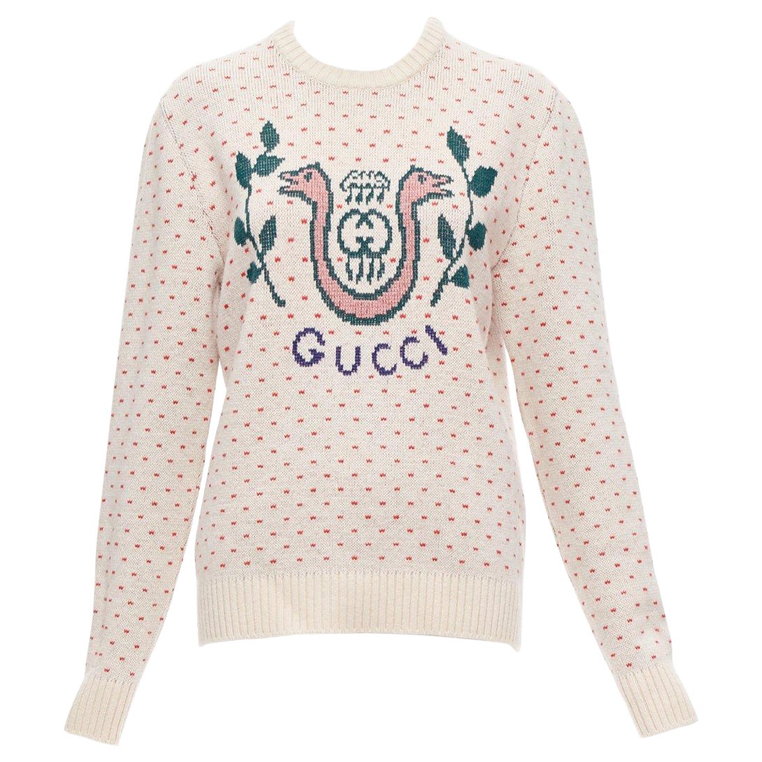 GUCCI 100% wool cream red fairisle vintage Crest logo intarsia sweater top XS