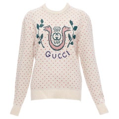 GUCCI 100% wool cream red fairisle vintage Crest logo intarsia sweater top XS