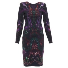 Alexander McQueen 2014 abito a tubino nero in misto lana viola con stampa di piume IT38