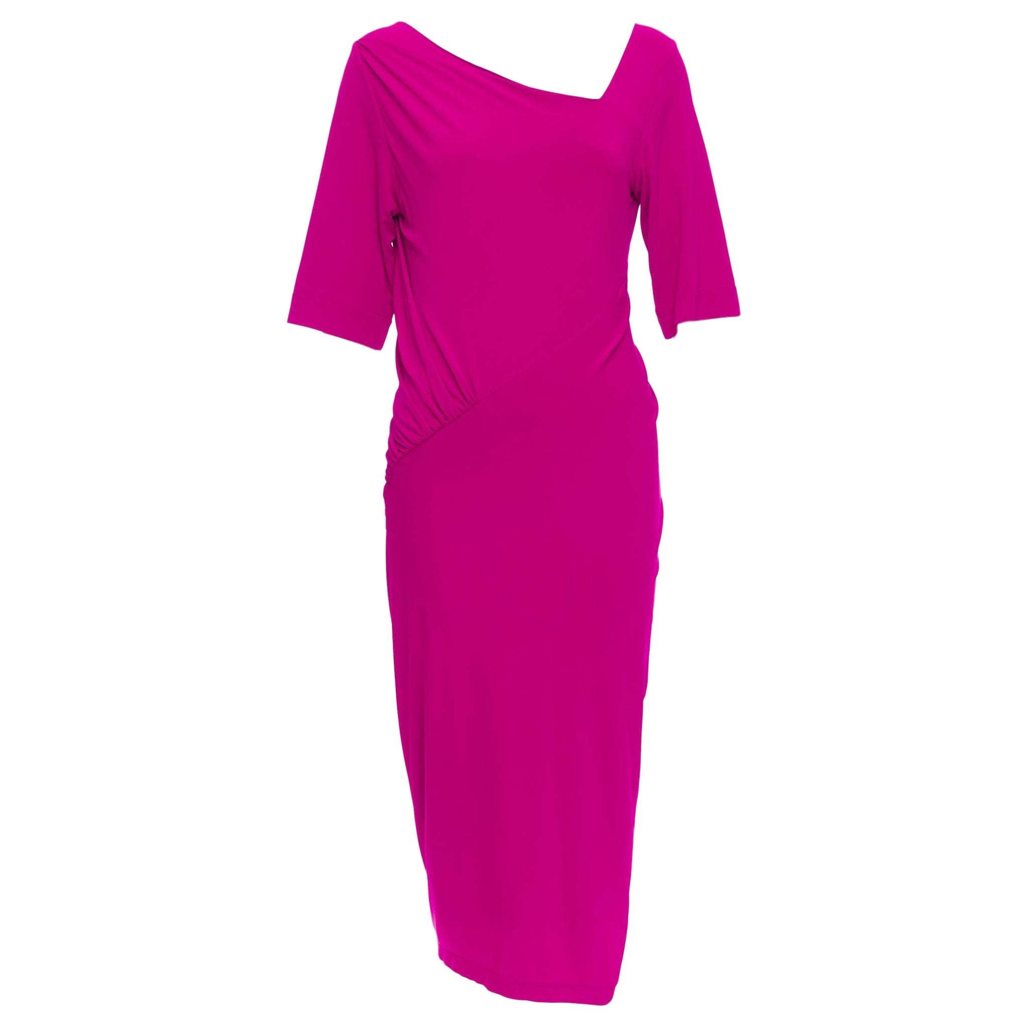 DONNA KARAN berry pink asymmetric neck tuck draped midi dress L For Sale