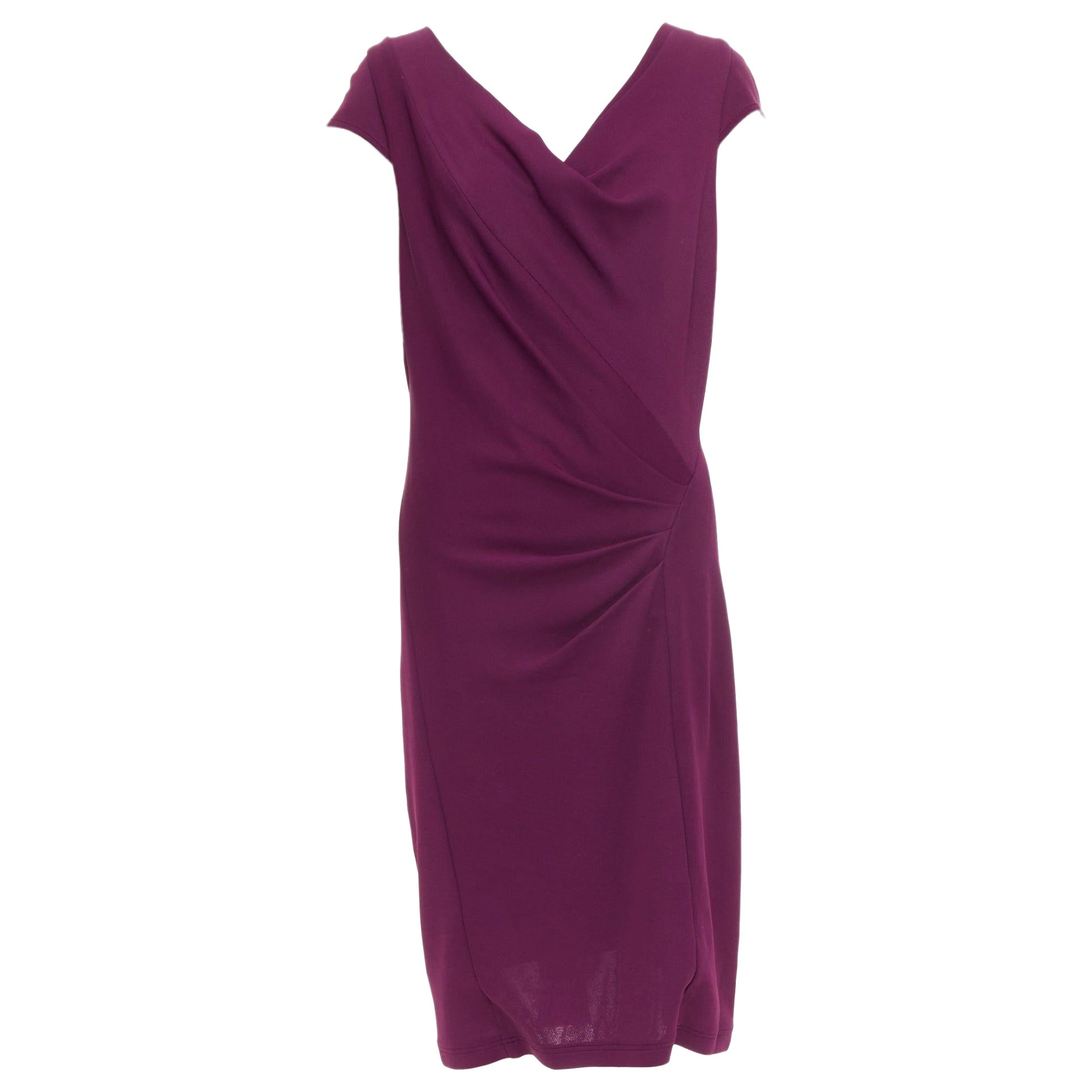 DONNA KARAN dark purple asymmetric drape cowl neck sheath dress L For Sale